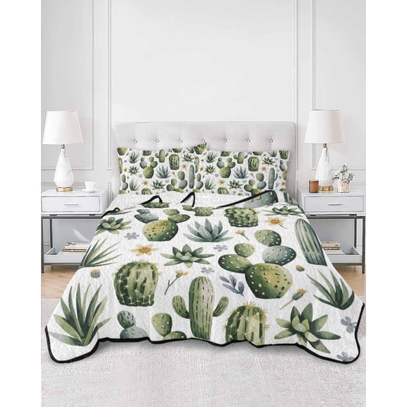 Quilts Queen Size, Modern Cactus Soft Comforter Bedding Set for Bed, Spring Watercolor Country Green Plant Lightweight Quilted Bedspread with Pillow Cover(2 Pieces) for All Season, 90x96 Inch