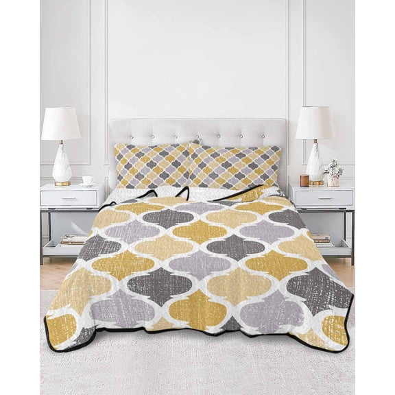 Quilts Queen Size, Moroccan Soft Comforter Bedding Set for Bed, Vintage Moroccan Texture Yellow Grey Lightweight Quilted Bedspread with Pillow Cover(2 Pieces) for All Season, 90x96 Inch