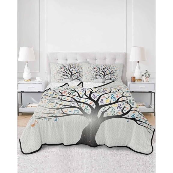 Quilts Queen Size, Music Tree Soft Comforter Bedding Set for Bed, Modern Abstract Art Note Branches Lightweight Quilted Bedspread with Pillow Cover(2 Pieces) for All Season, 90x96 Inch