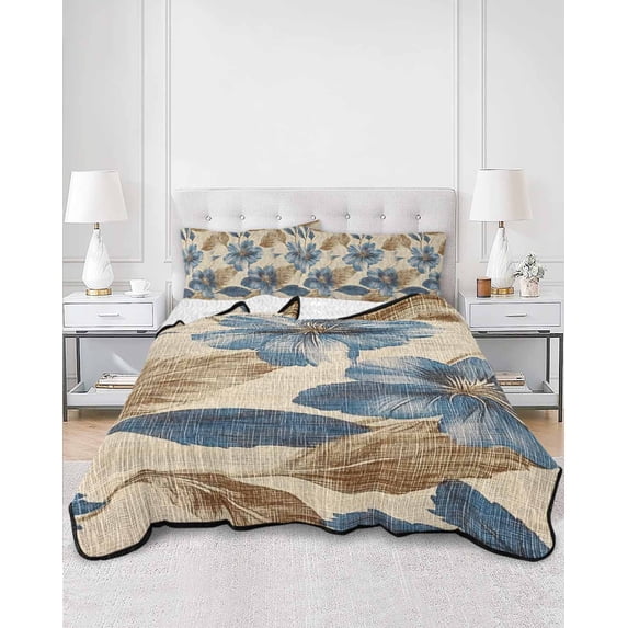 Quilts Queen Size, Navy Blue Brown Floral Soft Comforter Bedding Set for Bed, Tropical Palm Leaves Vintage Lightweight Quilted Bedspread with Pillow Cover(2 Pieces) for All Season, 90x96 Inch