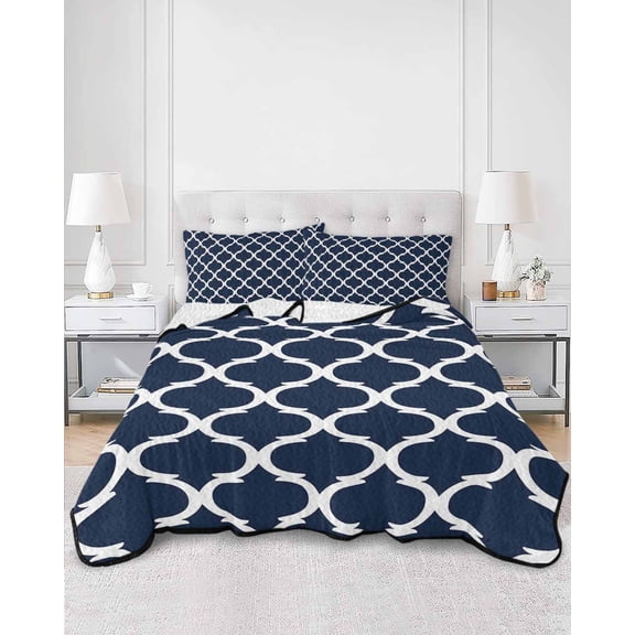 Quilts Queen Size, Navy Blue Morocco Pattern Soft Comforter Bedding Set for Bed, White Moroccan Geometric Art Lightweight Quilted Bedspread with Pillow Cover(2 Pieces) for All Season, 90x96 Inch