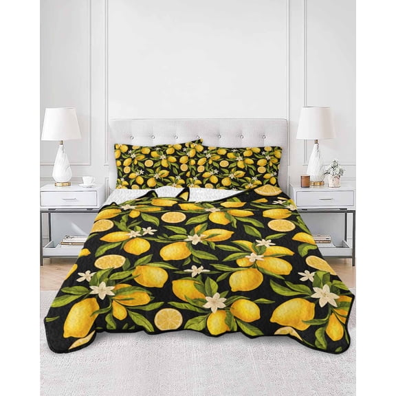 Quilts Queen Size, Orange Lemon Soft Comforter Bedding Set for Bed, Spring Leaves Flower Pastoral Botanical Lightweight Quilted Bedspread with Pillow Cover(2 Pieces) for All Season, 90x96 Inch