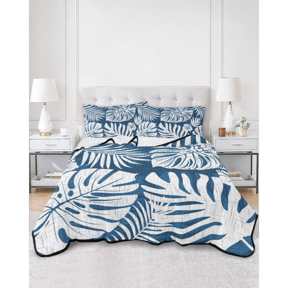 Quilts Queen Size, Palm Tree Monstera Soft Comforter Bedding Set for Bed, Indigo Blue Leaf Boho Botanical Tropical Lightweight Quilted Bedspread with Pillow Cover(2 Pieces) for All Season, 90x96 Inch