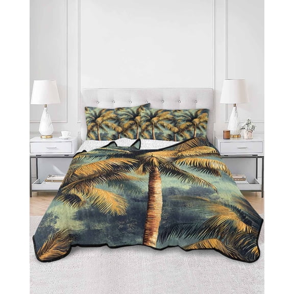 Quilts Queen Size, Palm Tree Soft Comforter Bedding Set for Bed, Retro Summer Botanical Tropical Plant Leaves Lightweight Quilted Bedspread with Pillow Cover(2 Pieces) for All Season, 90x96 Inch