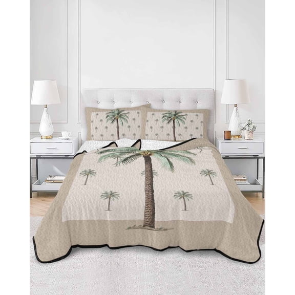 Quilts Queen Size, Palm Trees Soft Comforter Bedding Set for Bed, Brown Tropical Plants Summer Green Lightweight Quilted Bedspread with Pillow Cover(2 Pieces) for All Season, 90x96 Inch