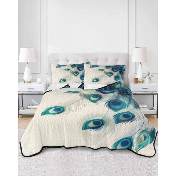 Quilts Queen Size, Peacock Feather Soft Comforter Bedding Set for Bed, Teal Ethnic Rustic Farmhouse Elegant Lightweight Quilted Bedspread with Pillow Cover(2 Pieces) for All Season, 90x96 Inch