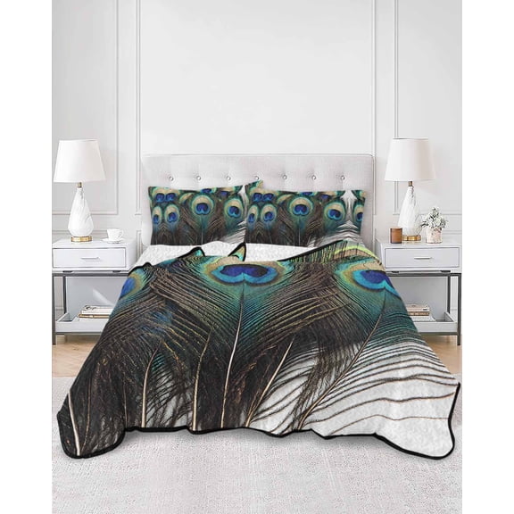 Quilts Queen Size, Peacock Feathers Soft Comforter Bedding Set for Bed, Beautiful Elegant Texture Watercolors Lightweight Quilted Bedspread with Pillow Cover(2 Pieces) for All Season, 90x96 Inch