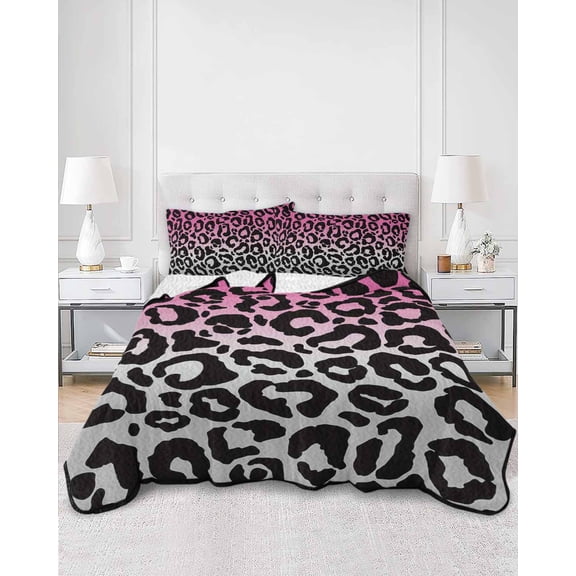 Quilts Queen Size, Pink Gray Ombre Leopard Soft Comforter Bedding Set for Bed, Modern Abstract Art Aesthetics Lightweight Quilted Bedspread with Pillow Cover(2 Pieces) for All Season, 90x96 Inch