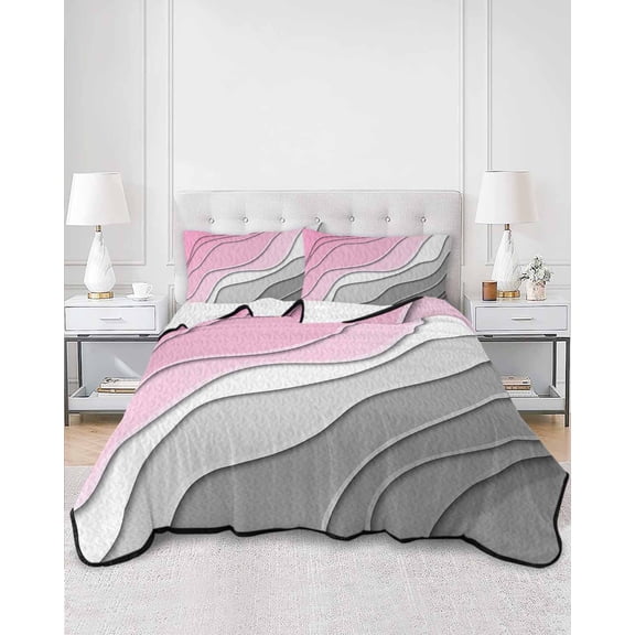 Quilts Queen Size, Pink Grey Ombre Soft Comforter Bedding Set for Bed, Modern Geometric Abstract Aesthetics Cream Lightweight Quilted Bedspread with Pillow Cover(2 Pieces) for All Season, 90x96 Inch