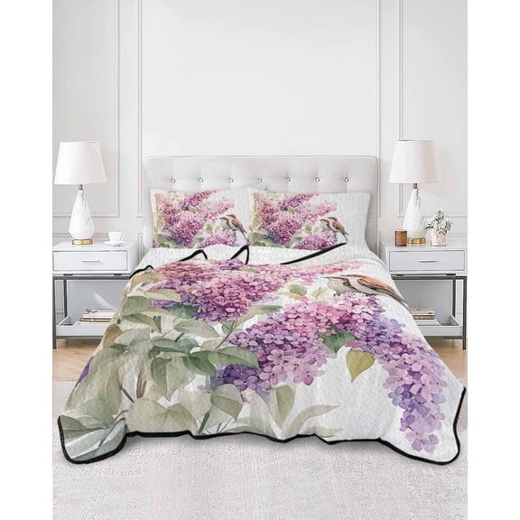 Quilts Queen Size, Pink Lavender Bird Soft Comforter Bedding Set for Bed, Garden Floral Sparrow Flowers Leaf Lightweight Quilted Bedspread with Pillow Cover(2 Pieces) for All Season, 90x96 Inch