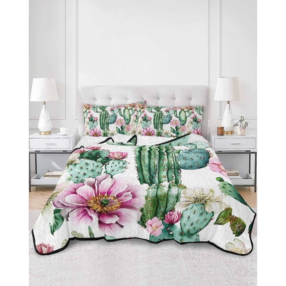 Quilts Queen Size, Pink Succulent Soft Comforter Bedding Set for Bed, Green Cactus Pastoral Watercolor Lightweight Quilted Bedspread with Pillow Cover(2 Pieces) for All Season, 90x96 Inch