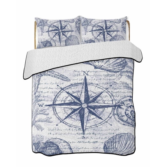 Quilts Queen Size, Purple Blue Compass Soft Comforter Bedding Set for Bed, Vintage Nautical Summer Ocean Shell Lightweight Quilted Bedspread with Pillow Cover(2 Pieces) for All Season, 90x96 Inch