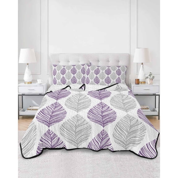 Quilts Queen Size, Purple Gray Leaves Soft Comforter Bedding Set for Bed, Summer Tropical Plant Aesthetics Lightweight Quilted Bedspread with Pillow Cover(2 Pieces) for All Season, 90x96 Inch