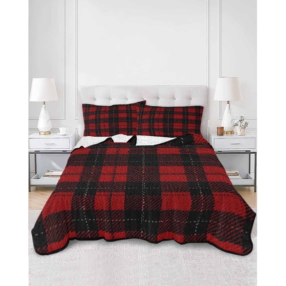 Quilts Queen Size, Red Black Buffalo Plaid Soft Comforter Bedding Set for Bed, Farmhouse Geometric Checkered Lightweight Quilted Bedspread with Pillow Cover(2 Pieces) for All Season, 90x96 Inch