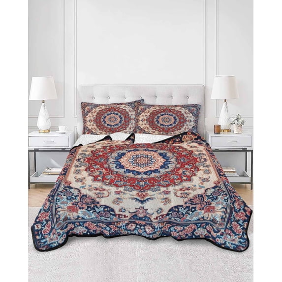 Quilts Queen Size, Red Navy Blue Boho Soft Comforter Bedding Set for Bed, Vintage Ethnic Geometric Lightweight Quilted Bedspread with Pillow Cover(2 Pieces) for All Season, 90x96 Inch