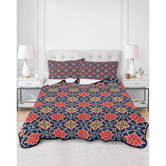 Quilts Queen Size, Red Navy Blue Soft Comforter Bedding Set for Bed, Morocco Modern Geometric Ethnic Art Lightweight Quilted Bedspread with Pillow Cover(2 Pieces) for All Season, 90x96 Inch