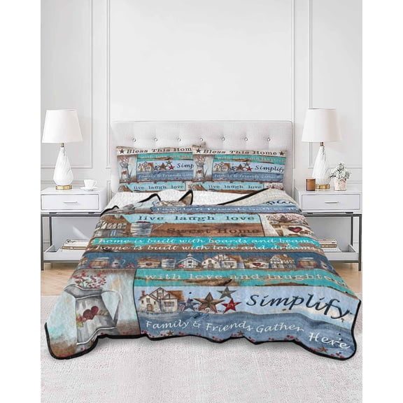 Quilts Queen Size, Rustic Star Farm Soft Comforter Bedding Set for Bed, American Country Berry Wood Grain Lightweight Quilted Bedspread with Pillow Cover(2 Pieces) for All Season, 90x96 Inch