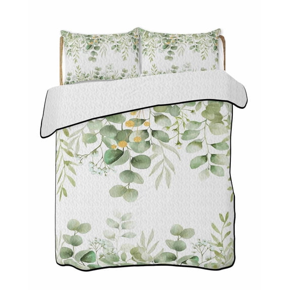 Quilts Queen Size, Sage Green Eucalyptus Soft Comforter Bedding Set for Bed, Spring Summer Farmhouse Leaves Lightweight Quilted Bedspread with Pillow Cover(2 Pieces) for All Season, 90x96 Inch