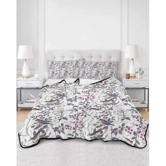 Quilts Queen Size, Spring Botanical Birds Soft Comforter Bedding Set for Bed, Garden Floral Twigs Farmhouse Lightweight Quilted Bedspread with Pillow Cover(2 Pieces) for All Season, 90x96 Inch