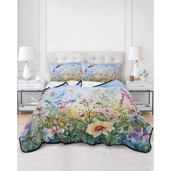 Quilts Queen Size, Spring Floral Soft Comforter Bedding Set for Bed, Summer Botanical Hummingbird Lightweight Quilted Bedspread with Pillow Cover(2 Pieces) for All Season, 90x96 Inch