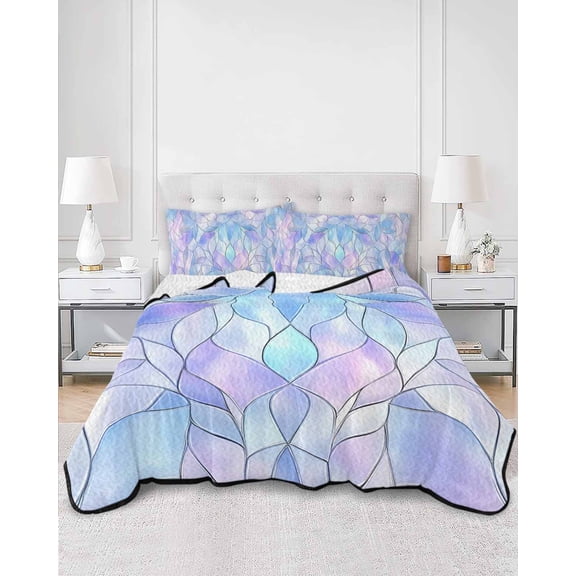 Quilts Queen Size, Stained Glass Soft Comforter Bedding Set for Bed, Blue Purple Floral Geometric Lightweight Quilted Bedspread with Pillow Cover(2 Pieces) for All Season, 90x96 Inch