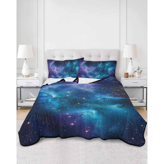 Quilts Queen Size, Starry Sky Soft Comforter Bedding Set for Bed, Modern Rustic Blue Purple Ombre Star Night Lightweight Quilted Bedspread with Pillow Cover(2 Pieces) for All Season, 90x96 Inch