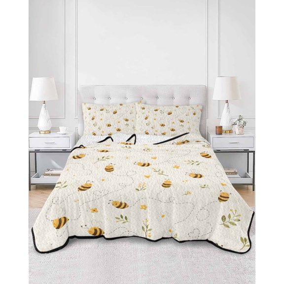 Quilts Queen Size, Summer Bee Soft Comforter Bedding Set for Bed, Yellow Tropical Animals Botanical Wildflowers Lightweight Quilted Bedspread with Pillow Cover(2 Pieces) for All Season, 90x96 Inch