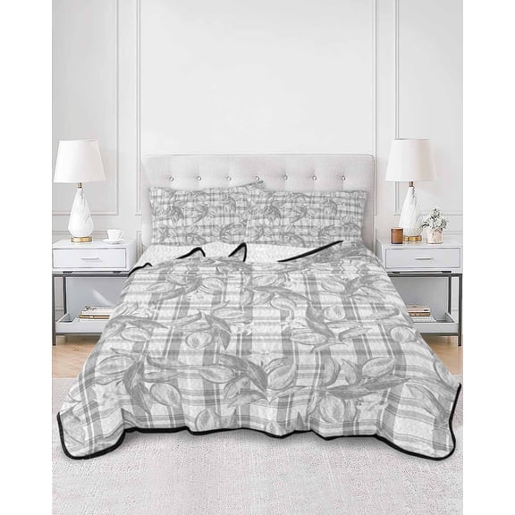 Quilts Queen Size, Summer Lemon Soft Comforter Bedding Set for Bed, Grey Buffalo Plaid Spring Botanical Lightweight Quilted Bedspread with Pillow Cover(2 Pieces) for All Season, 90x96 Inch