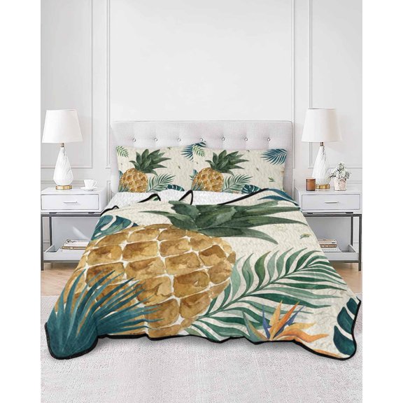 Quilts Queen Size, Summer Tropical Plants Soft Comforter Bedding Set for Bed, Botanical Pineapple Palm Leaves Lightweight Quilted Bedspread with Pillow Cover(2 Pieces) for All Season, 90x96 Inch