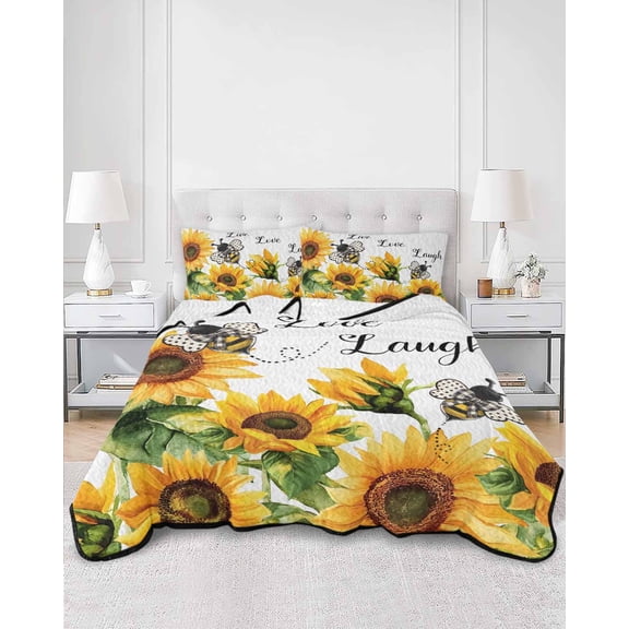 Quilts Queen Size, Sunflower Bee Soft Comforter Bedding Set for Bed, Vintage Yellow Floral Farmhouse Watercolor Lightweight Quilted Bedspread with Pillow Cover(2 Pieces) for All Season, 90x96 Inch