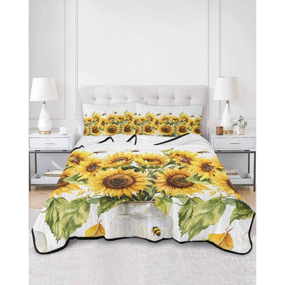 Quilts Queen Size, Sunflower Bee Soft Comforter Bedding Set for Bed, Watercolor Yellow White Summer Spring Lightweight Quilted Bedspread with Pillow Cover(2 Pieces) for All Season, 90x96 Inch