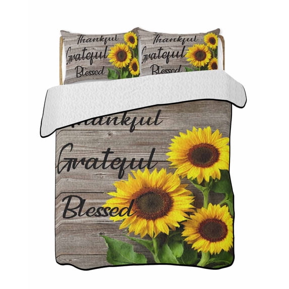 Quilts Queen Size, Sunflower Wooden Soft Comforter Bedding Set for Bed, Farmhouse Vintage Botanical Floral Lightweight Quilted Bedspread with Pillow Cover(2 Pieces) for All Season, 90x96 Inch