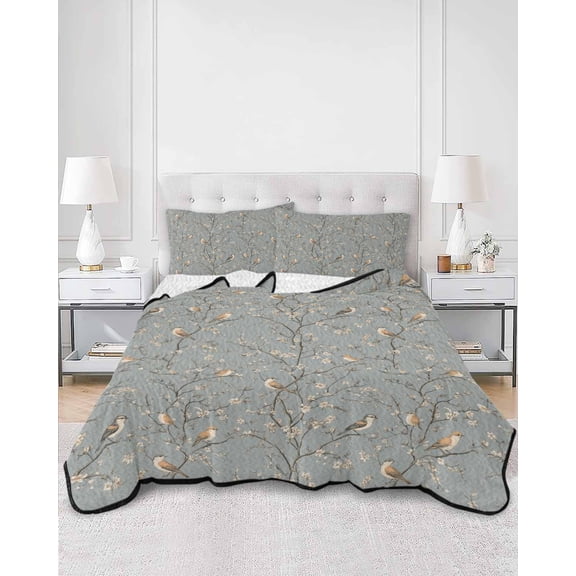 Quilts Queen Size, Tree Birds Soft Comforter Bedding Set for Bed, Vintage Grey Flower Floral Branch Spring Lightweight Quilted Bedspread with Pillow Cover(2 Pieces) for All Season, 90x96 Inch