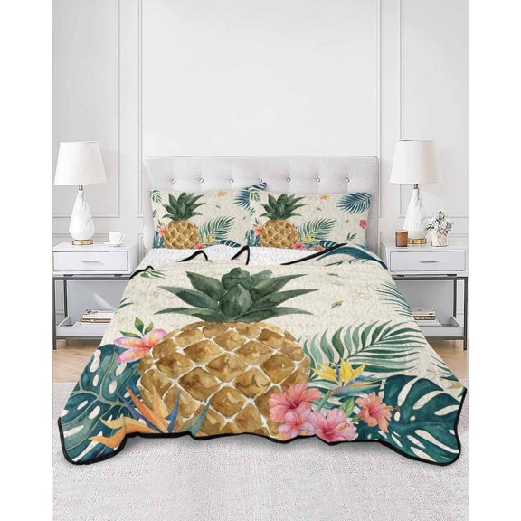 Quilts Queen Size, Tropical Pineapple Soft Comforter Bedding Set for Bed, Summer Fruit Palm Leaves Flowers Lightweight Quilted Bedspread with Pillow Cover(2 Pieces) for All Season, 90x96 Inch