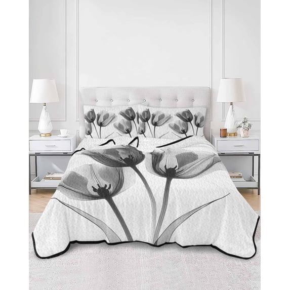 Quilts Queen Size, Tulip Black White Soft Comforter Bedding Set for Bed, Spring Floral Botanical Bloom Lightweight Quilted Bedspread with Pillow Cover(2 Pieces) for All Season, 90x96 Inch