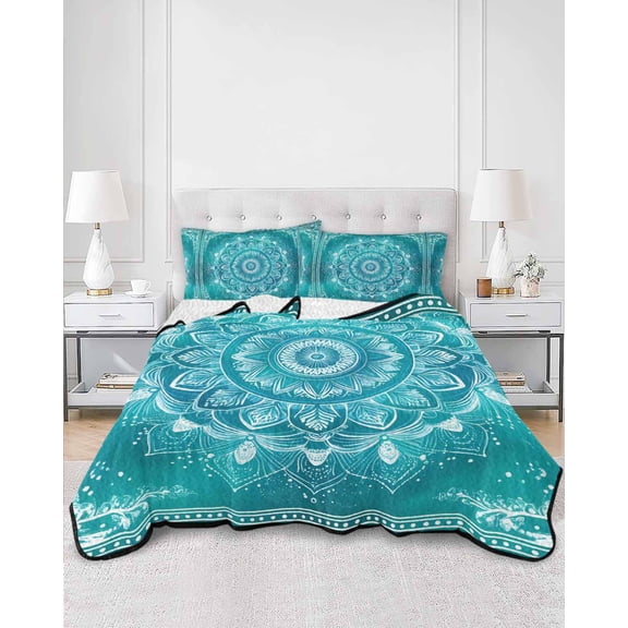 Quilts Queen Size, Turquoise Boho Soft Comforter Bedding Set for Bed, Abstract Art Floral Ethnic Tribal Lightweight Quilted Bedspread with Pillow Cover(2 Pieces) for All Season, 90x96 Inch