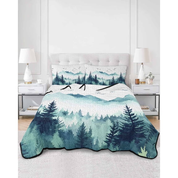 Quilts Queen Size, Turquoise Forest Soft Comforter Bedding Set for Bed, Mountains Birds Fog Tree Scenery Lightweight Quilted Bedspread with Pillow Cover(2 Pieces) for All Season, 90x96 Inch