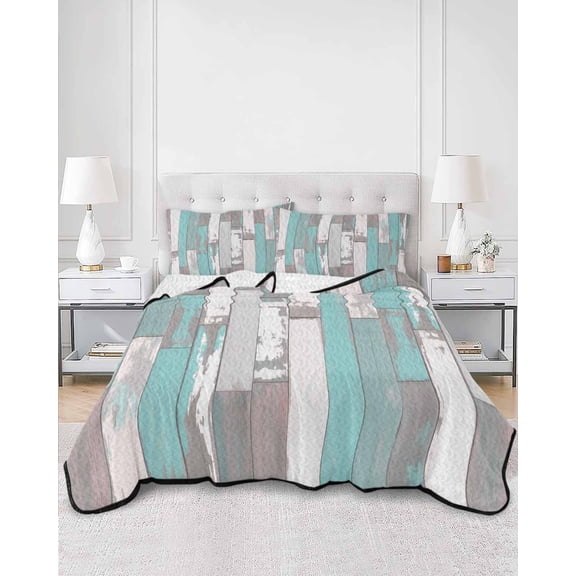Quilts Queen Size, Turquoise Gray Soft Comforter Bedding Set for Bed, Country Retro Mottled Texture Wood Grain Lightweight Quilted Bedspread with Pillow Cover(2 Pieces) for All Season, 90x96 Inch