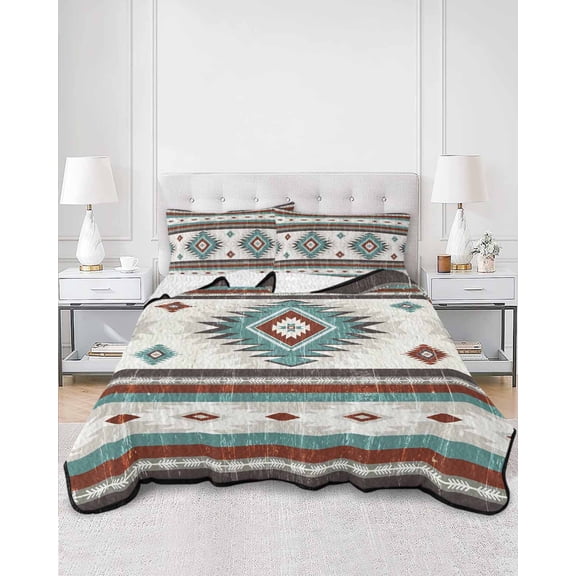 Quilts Queen Size, Turquoise Red Boho Soft Comforter Bedding Set for Bed, Southwestern Ethnic Aztec Retro Geometric Lightweight Quilted Bedspread with Pillow Cover(2 Pieces), 90x96 Inch