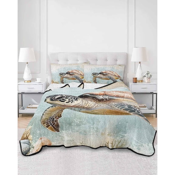 Quilts Queen Size, Turtle Soft Comforter Bedding Set for Bed, Coastal Ocean Coral Reef Retro Shell Sea Lightweight Quilted Bedspread with Pillow Cover(2 Pieces) for All Season, 90x96 Inch
