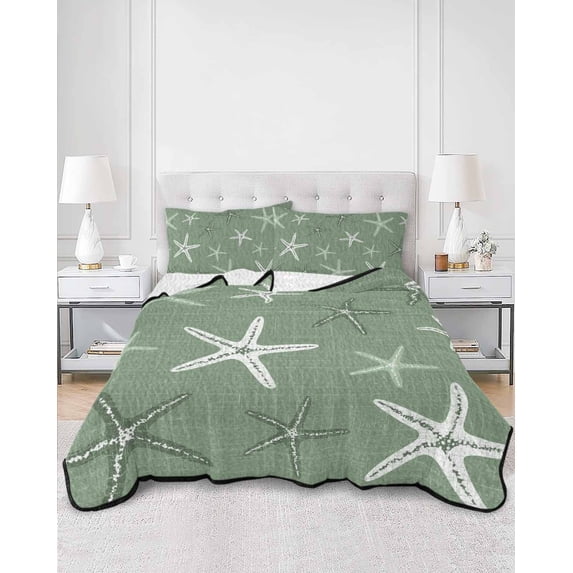 Quilts Queen Size, Vintage Green Starfish Soft Comforter Bedding Set for Bed, Summer Coastal Beach Marine Life Lightweight Quilted Bedspread with Pillow Cover(2 Pieces) for All Season, 90x96 Inch