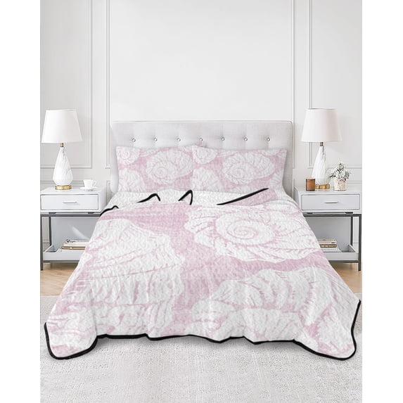 Quilts Queen Size, Vintage Shell Pink Soft Comforter Bedding Set for Bed, Summer Ocean Coastal Lightweight Quilted Bedspread with Pillow Cover(2 Pieces) for All Season, 90x96 Inch