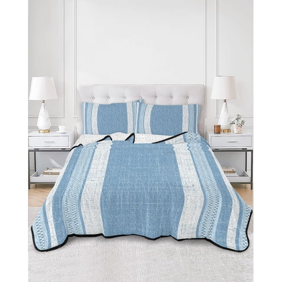 Quilts Queen Size, Vintage Sky Blue Striped Soft Comforter Bedding Set for Bed, Farmhouse Modern Stripes Boho Texture Lightweight Quilted Bedspread with Pillow Cover(2 Pieces) All Season, 90x96 Inch