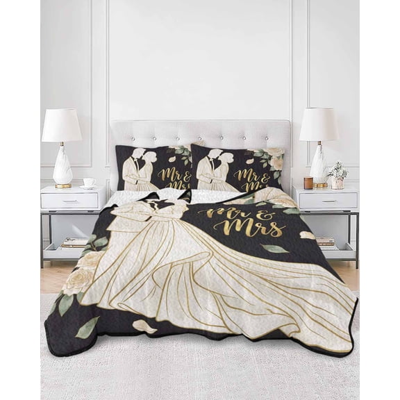 Quilts Queen Size, Wedding Soft Comforter Bedding Set for Bed, Bride Groom Flowers Rose Eucalyptus Leaves Lightweight Quilted Bedspread with Pillow Cover(2 Pieces) for All Season, 90x96 Inch