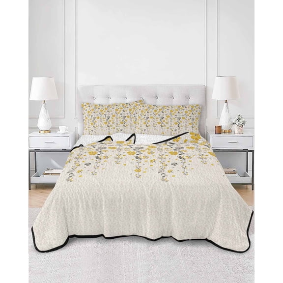 Quilts Queen Size, Weeping Flowers Soft Comforter Bedding Set for Bed, Yellow Grey Spring Floral Rustic Burlap Lightweight Quilted Bedspread with Pillow Cover(2 Pieces) for All Season, 90x96 Inch