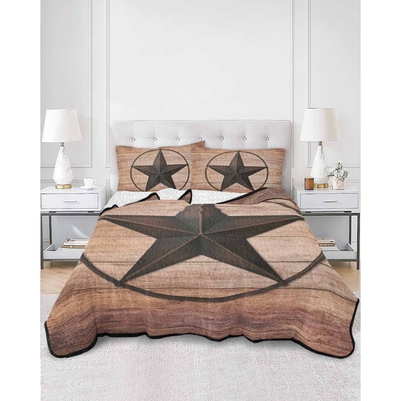 Quilts Queen Size, Western Star Retro Soft Comforter Bedding Set for Bed, Country Farmhouse Brown Wooden Grain Lightweight Quilted Bedspread with Pillow Cover(2 Pieces) for All Season, 90x96 Inch