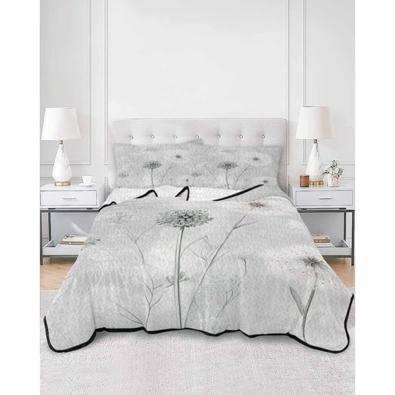 Quilts Queen Size, White Green Dandelion Soft Comforter Bedding Set for Bed, Grey Floral Leaves Lightweight Quilted Bedspread with Pillow Cover(2 Pieces) for All Season, 90x96 Inch