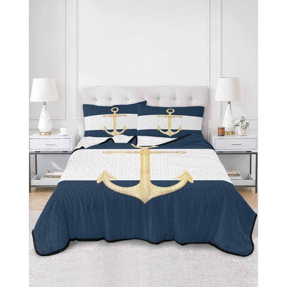 Quilts Queen Size, Yellow Anchor Nautical Soft Comforter Bedding Set for Bed, Navy Blue White Striped Lightweight Quilted Bedspread with Pillow Cover(2 Pieces) for All Season, 90x96 Inch