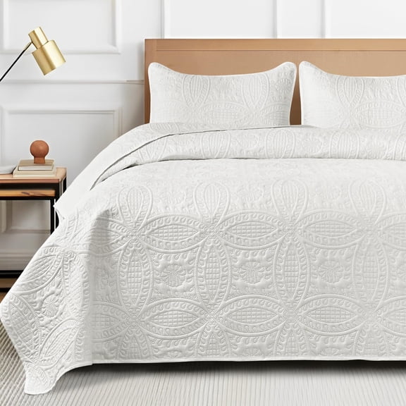 Quilts Set For Queen Size Bed Soft Quilt Lightweight Microfiber Bedspread Circle Geometric Pattern Ultrasonic Quilting Bedding Bedspreads With 2 Pillow Shams All Season (white)