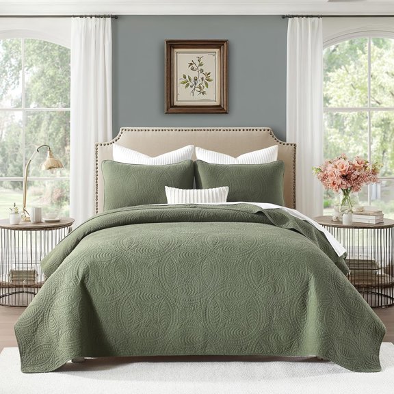 Quilts Size Bedding Set, Olive Green Size Comforter Set, Bedspread Set,Solid Modern Bedding Coverlet 3 count Bed Set,